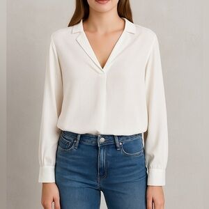 Rose & Crown Ivory Satin Long Sleeve Minimalist V-Neck Blouse